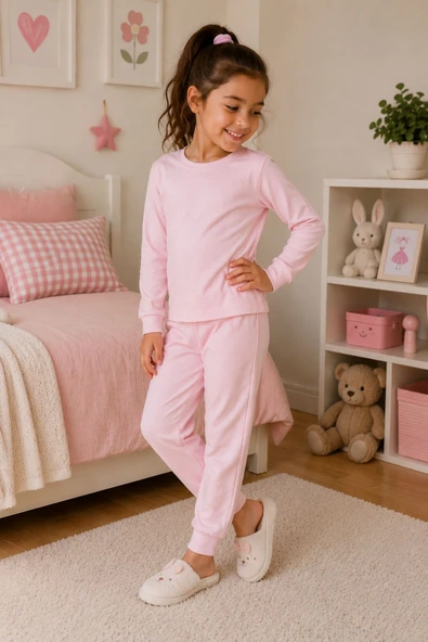 Soft Pink %100 Pamuk Basic Kız Çocuk Pijama Takımı - Resim 4
