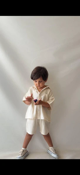 Cg Kids Pamuklu Keten Erkek  Çocuk Alt Üst Takım Krem Süper Kalite ürün görseli 1