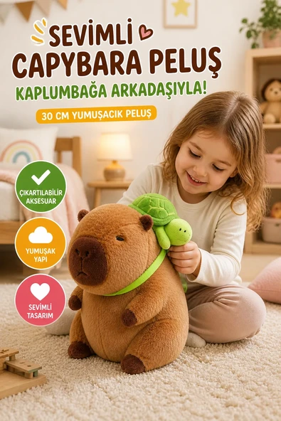 Kahverengi Capybara Peluş Oyuncak 30 CM – Sırtında Çıkartılabilir Kaplumbağa Aksesuarlı Sevimli Peluş ürün görseli 1