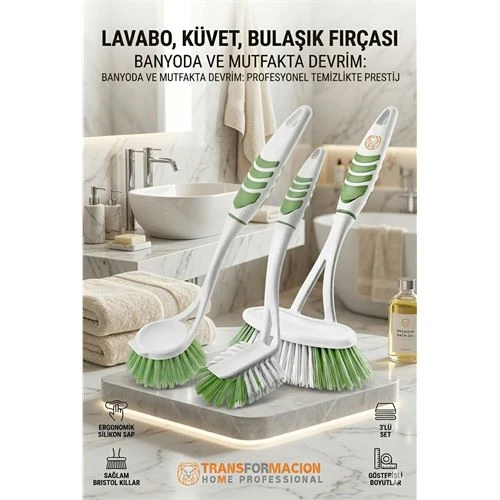 3'lü Profesyonel Temizlik Fırçası Seti - Ergonomik Banyo, Lavabo ve Bulaşık Fırçası 723095 ürün görseli 1