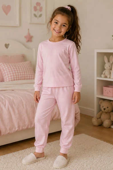 Soft Pink %100 Pamuk Basic Kız Çocuk Pijama Takımı ürün görseli 1
