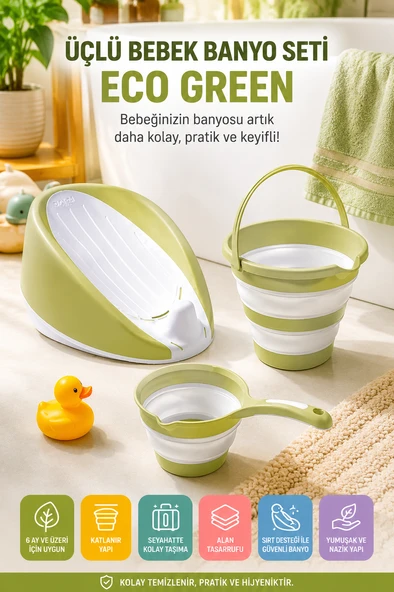 3’lü Banyo Seti Katlanır Bebek Banyo Seti Eco Green Kovalı Maşrapalı Sırt Destekli ürün görseli 1