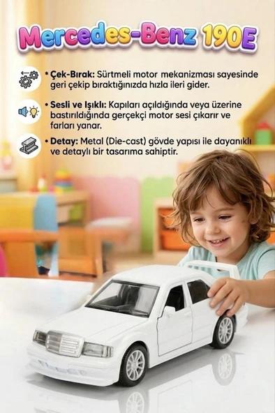 Mercedes-Benz 190E! Işıklı Sesli Metal 1:36 Çek-Bırak Mekanizmalı Kapıları Açılabilir Oyuncak Araba ürün görseli 1