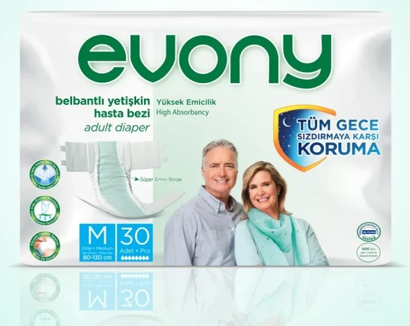 EVONY Belbantlı Medium 30'lu Paket Bel Çevresi 80 cm 130 cm Yetişkin Hasta Bezi ürün görseli 1