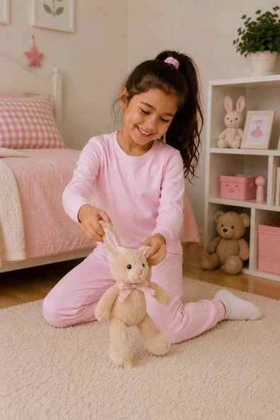 Soft Pink %100 Pamuk Basic Kız Çocuk Pijama Takımı - Resim 7