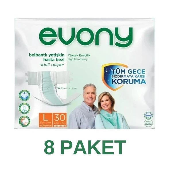 EVONY Hasta Bezi Yetişkin Bel Bantlı Tekstil Yüzey L-büyük Boy 240 Adet (8pk-30) ürün görseli 1