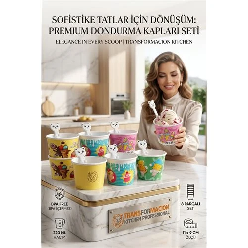 Sevimli Ayıcık Kaşıklı 8'li Dondurma Kasesi Seti - Parti, Atıştırmalık ve Mama Kabı 723094 ürün görseli 1