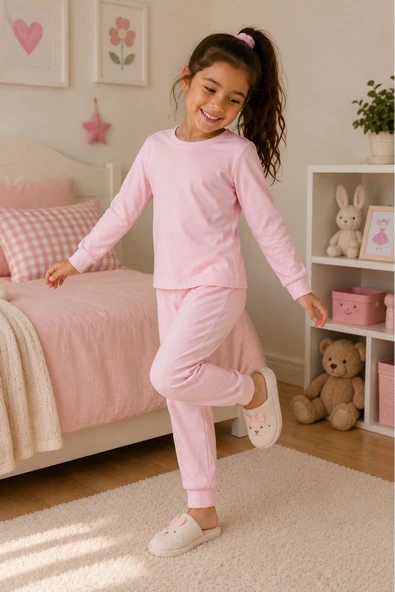 Soft Pink %100 Pamuk Basic Kız Çocuk Pijama Takımı - Resim 2