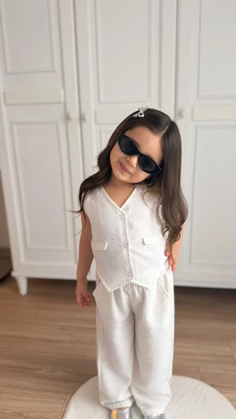 Cg Kids Keten Simli Kız Çocuk Alt Üst Takım Süper Kalite Ekru ürün görseli 1