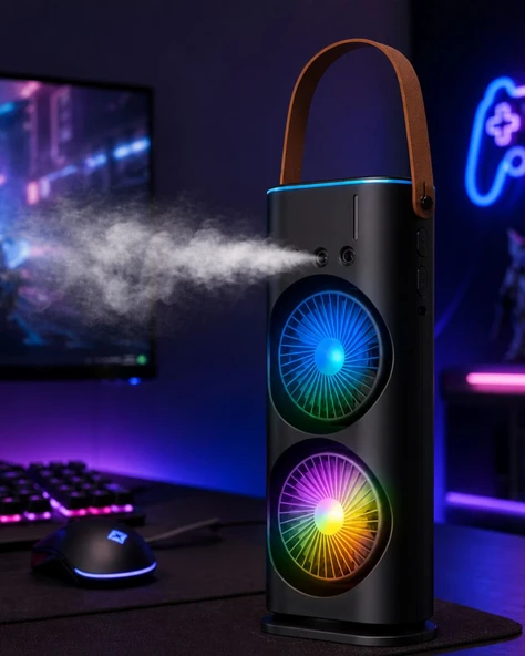 RGB Işıklı Spreyli Masa Fanı Çift Motorlu Güçlü Üflemeli Taşınabilir Fan ürün görseli 1