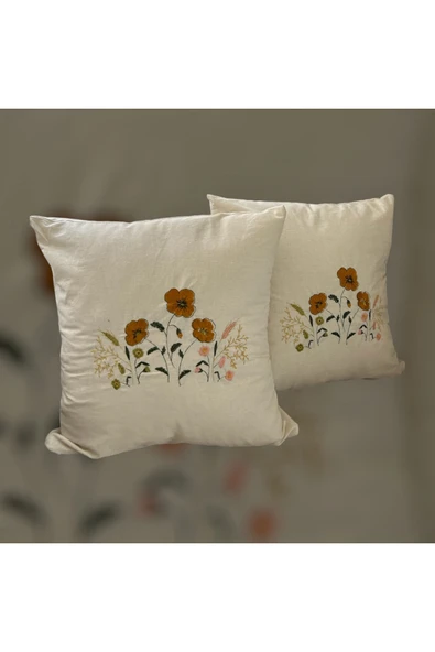 GULDESIGN Guldesignstore Ham Keten İkili Nakış Detaylı Kırlent Kılıfı ürün görseli 1