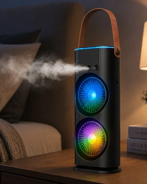 USB Şarjlı Çift Başlıklı Buharlı Masaüstü Fan Sessiz Serinletici Işıklı Fan ürün görseli 1