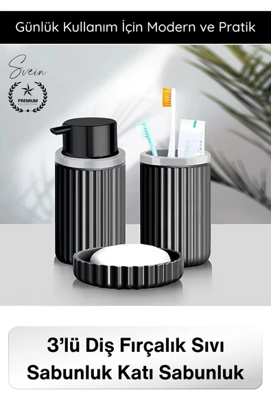 #Sabunluk Plastik Banyo Seti 3’lü Diş Fırçalık Sıvı Sabunluk Katı Sabunluk Modern Düzenleyici Şık Dayanıklı Pompalı Bany ürün görseli 1
