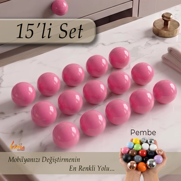 15 Adet Sert Plastik Düğme Yuvarlak Top Pembe Dolap Mobilya Mutfak Dolabı Çekmece Kulbu Kulpu Kulplar ürün görseli 1