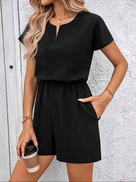 Kadın Kısa Kollu V Yakalı Beli Lastikli Kısa Ithal Krep Tulum ürün görseli 1