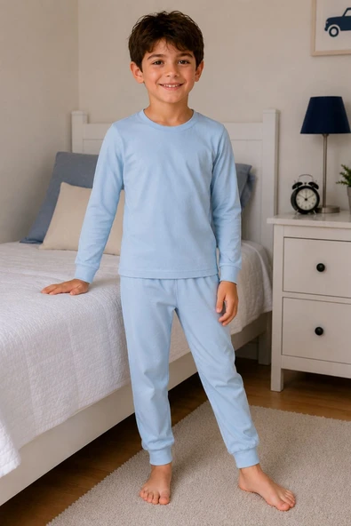 Soft Mavi %100 Pamuk Basic Erkek Çocuk Pijama Takımı - Resim 2