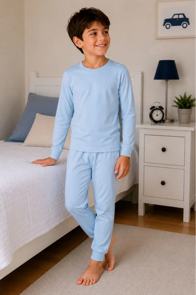 Soft Mavi %100 Pamuk Basic Erkek Çocuk Pijama Takımı - Resim 3