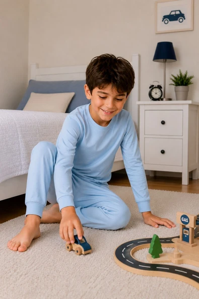 Soft Mavi %100 Pamuk Basic Erkek Çocuk Pijama Takımı - Resim 4