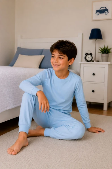 Soft Mavi %100 Pamuk Basic Erkek Çocuk Pijama Takımı - Resim 8