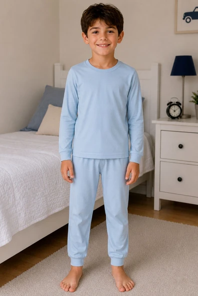 Soft Mavi %100 Pamuk Basic Erkek Çocuk Pijama Takımı ürün görseli 1