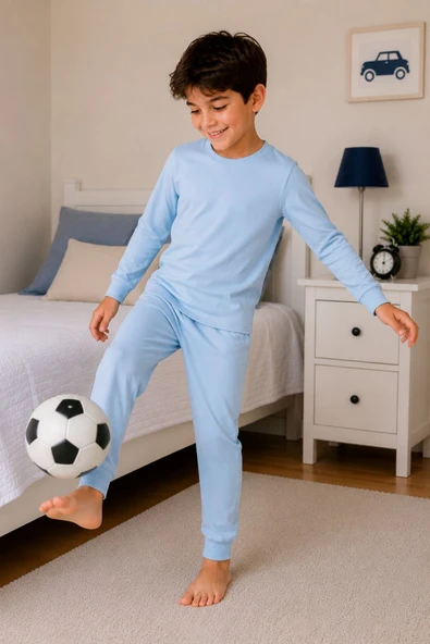 Soft Mavi %100 Pamuk Basic Erkek Çocuk Pijama Takımı - Resim 5