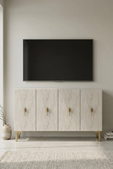 KA1217BTG SALKIM Konsol ve Tv Sehpası Beyaz-Traverten-Gold 120cm ürün görseli 1