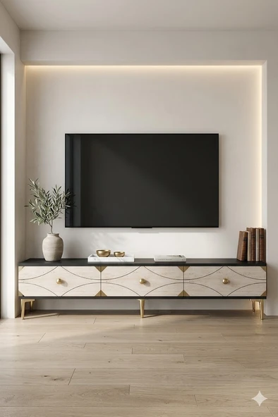 TSA1897ATG ALFA Tv Sehpası Antrasit-Traverten-Gold 180cm ürün görseli 1