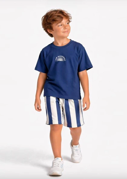 Cg Kids Lacivert Tshirt&Şort Alt Üst Takım Şort Çizgili Detay Süper Kalite ürün görseli 1