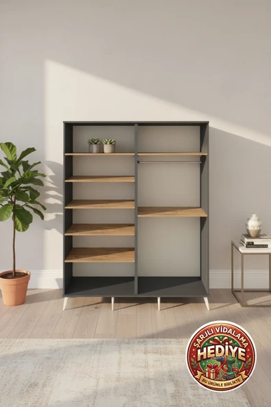 mobihobi Luna Gardırop 7 Raflı 2 Askılı 176x44x221 Antrasit/Çam ürün görseli 1
