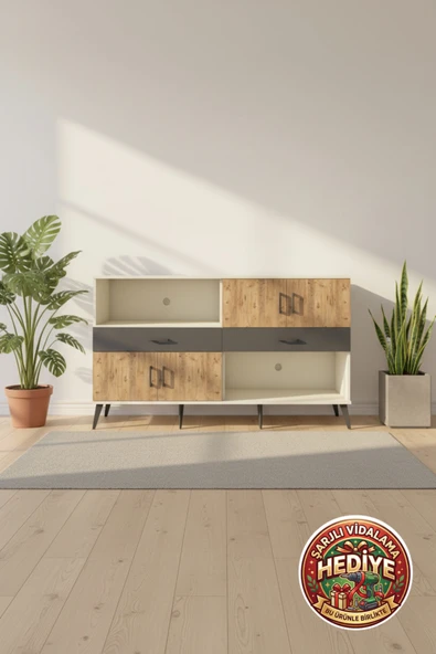 mobihobi Luna 8 Raflı 3 Çekmeceli Tek Kapaklı Konsol 176x44x99 Aytaşı-Çam/Antrasit ürün görseli 1