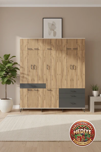 mobihobi Luna Dolap: 8 Raflı, 4 Çekmeceli, 3 Askılı - 220cm Geniş Aytaşı-Çam/Antrasit ürün görseli 1