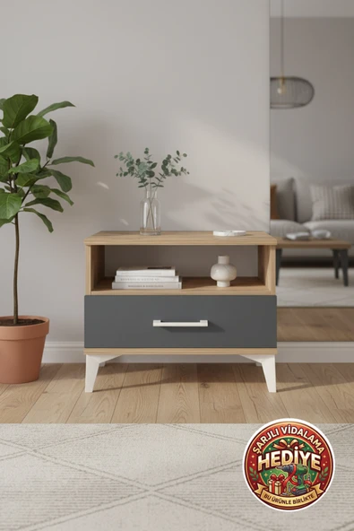 mobihobi Silva Komodin: 1 Çekmeceli, 1 Raflı, 60x30x48 cm, Çam-Antrasit ürün görseli 1