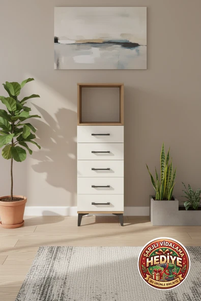 mobihobi Silva 5 Çekmeceli Çam-Aytaşı Dolap: 44x30x134cm, Raflı Tek Kapaklı Komodin ürün görseli 1