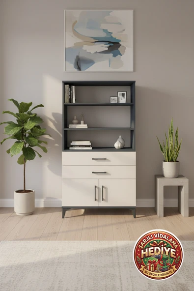 mobihobi Silva Dolap Antrasit-Aytaşı: 3 Raflı, 2 Çekmeceli, 2 Kapaklı 88x30x163 cm ürün görseli 1