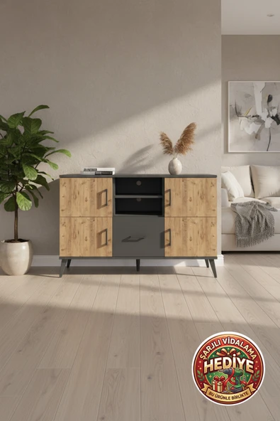 mobihobi Silva Konsol Antrasit Çam 4 Raflı Tek Çekmeceli 4 Kapaklı 132x30x83 ürün görseli 1