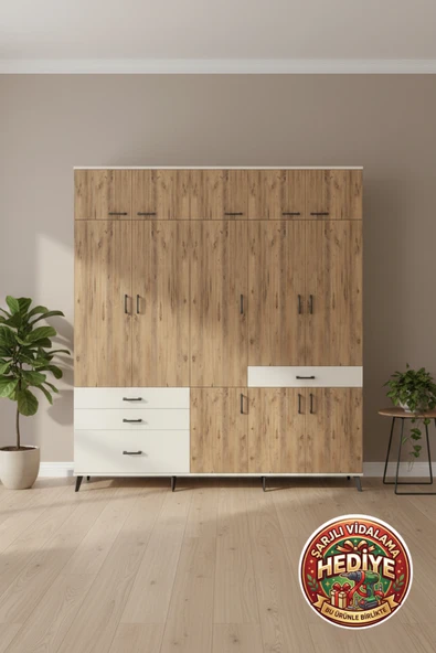 mobihobi Silva 8 Raflı 4 Çekmeceli 3 Askılı 220x30x243 Dolap: Aytaşı-Çam Şıklığı ürün görseli 1