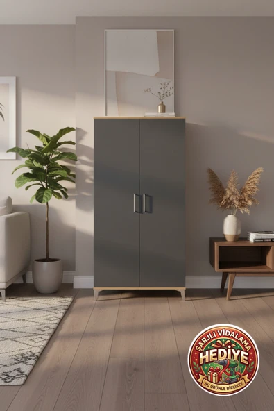 mobihobi Luna Dolap 4 Raflı 2 Kapaklı 88x44x182 Çam-Antrasit: Şıklık ve Fonksiyonellik ürün görseli 1