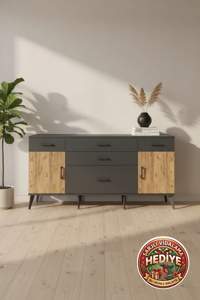mobihobi Luna Konsol: 5 Çekmeceli, 2 Raflı, 2 Kapaklı Antrasit-Çam 176x44x83 ürün görseli 1