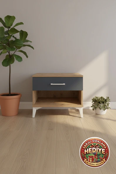mobihobi Luna Komodin: 1 Çekmeceli Şık Çam-Antrasit Tasarım (60x44x48 cm) ürün görseli 1