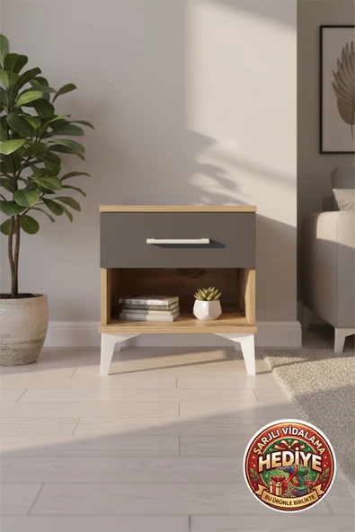 mobihobi Luna Komodin Çekmeceli Çam & Antrasit | 44x44x48cm Modern Tasarım ürün görseli 1
