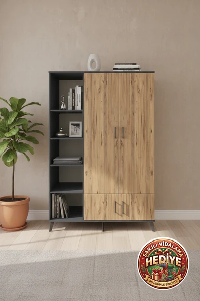 mobihobi Aura Dolap 6 Raflı 4 Kapaklı 1 Askılı 132x59x195 Antrasit-Çam ürün görseli 1