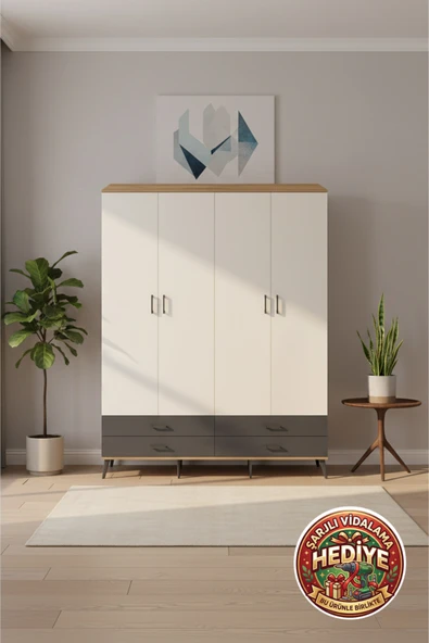 mobihobi Silva Gardrop: 176x30x221 Çam-Aytaşı/Antrasit, 4 Çekmece, 2 Askı, 6 Raf ürün görseli 1