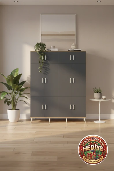 mobihobi Luna Gardrop 10 Raflı 12 Kapaklı 2 Askılı 176x44x221 Çam-Antrasit/Aytaşı ürün görseli 1
