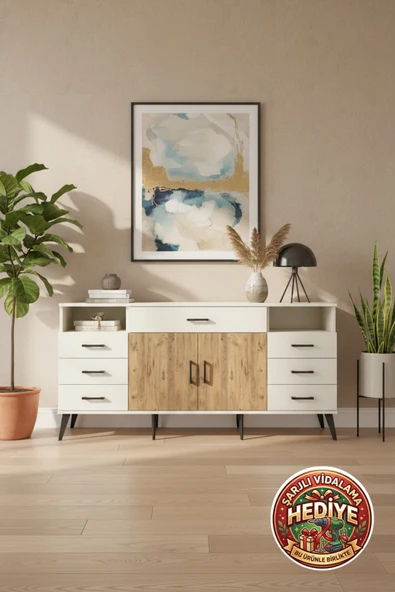 mobihobi Silva Konsol 4 Raflı 7 Çekmeceli 2 Kapaklı 176x30x83 Aytaşı-Çam/Aytaşı - Geniş Depolama ürün görseli 1