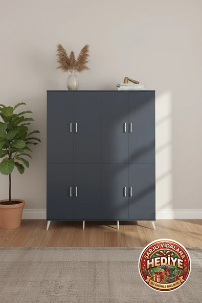 mobihobi Luna 4 Raflı 8 Kapaklı 4 Askılı 176x44x221 Antrasit-Çam Gardrop ürün görseli 1