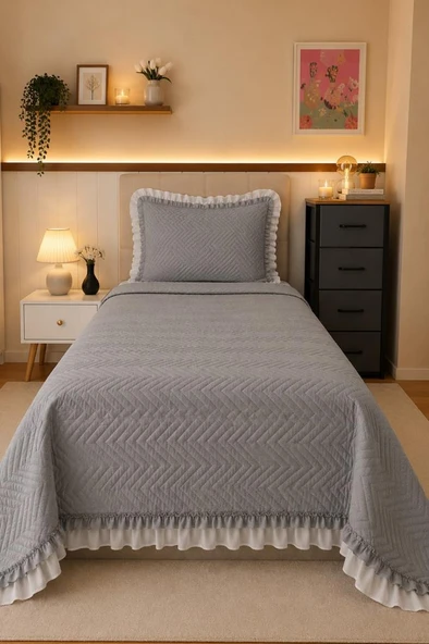 Gonca Çift Taraflı Tek Kişilik Yatak Örtüsü 180x240 Gri ürün görseli 1
