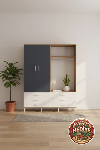 mobihobi Silva Gardırop 4 Raflı, 6 Çekmeceli, 2 Askılı - 176x30x221 Çam-Antrasit/Aytaşı ürün görseli 1