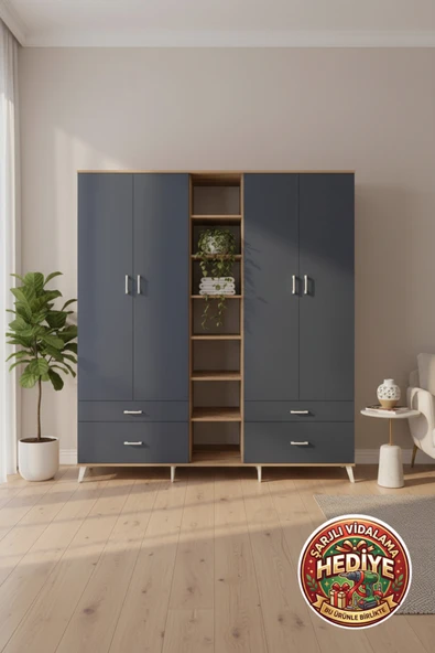 mobihobi Luna Gardrop 12 Raflı 4 Çekmeceli 2 Askılı 220x44x243 Çam-Antrasit ürün görseli 1
