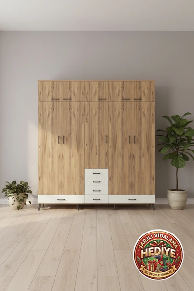 mobihobi Aura 6 Raflı 6 Çekmeceli 4 Askılı Dolap 220x59x243 Çam/Aytaşı ürün görseli 1