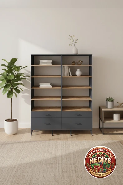 mobihobi Luna Gardırop 10 Raflı 4 Çekmeceli 4 Kapaklı 176x44x221 Antrasit-Çam ürün görseli 1